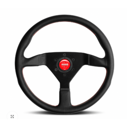 Momo Montecarlo Steering Wheel (40 mm Dish), Black Leather, Red Stitching - 35 cm